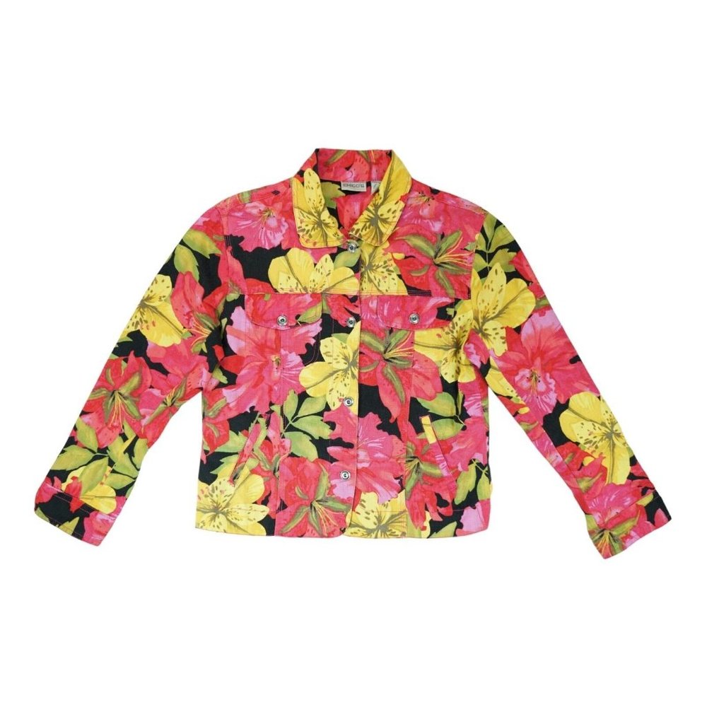 Chicos Jacket Women Size 0 Floral Painted Denim Jacket Lightweight 4 Pocket